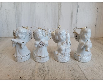 Juego de adornos navideños religiosos de ángel con ribete dorado de cerámica vintage