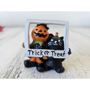 Mini pumpkin cat trick or treat figurine village statue Halloween decor