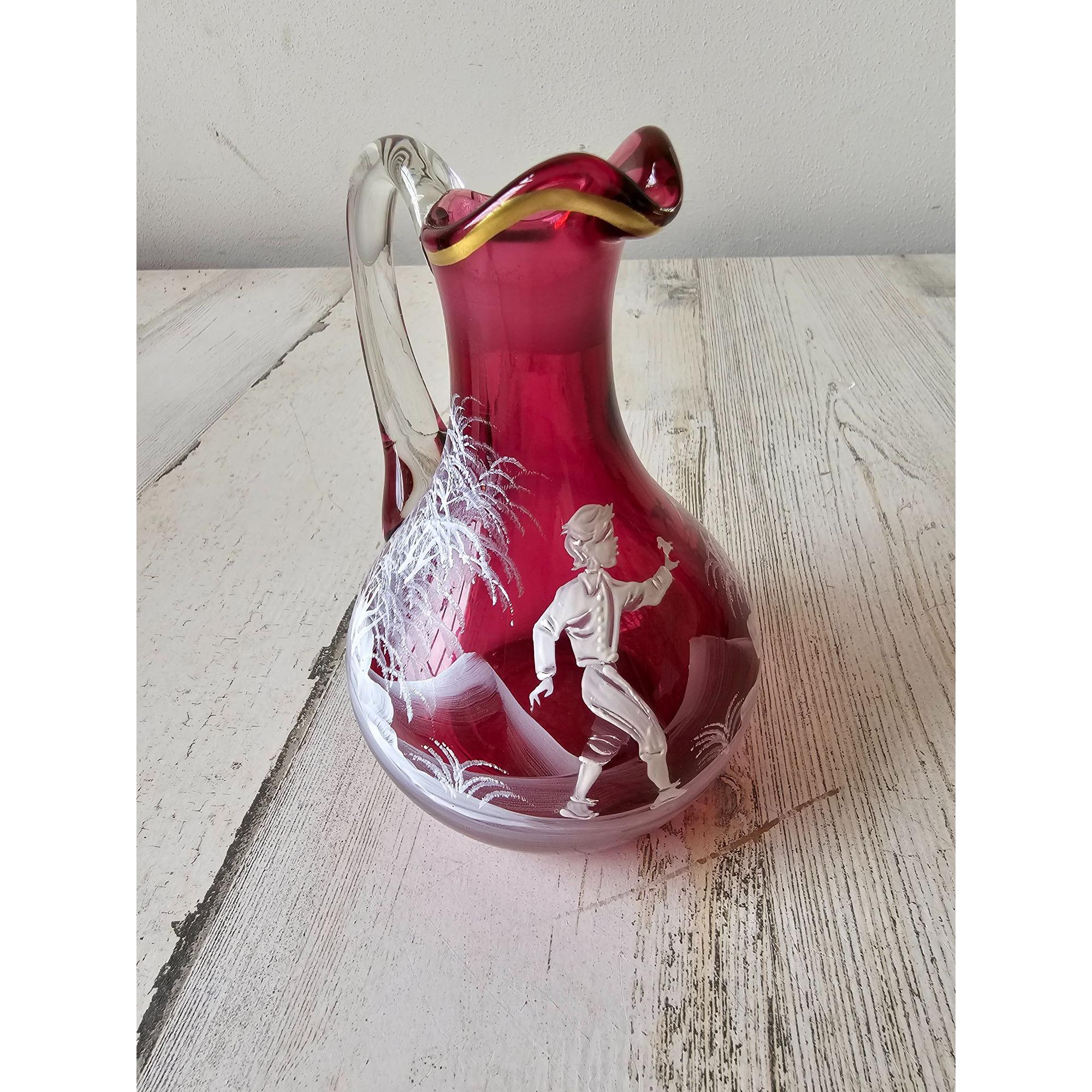 Fenton Mary Gregory Mini Pitcher Jug 94 Cranberry Red Boy Birds