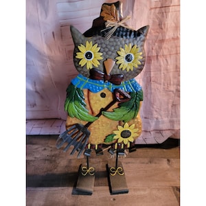 Metal Gardener owl rake sunflower fall leaf decor figure