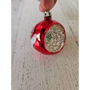 Vintage mini red ball indent sparkle glitter ornament Xmas tree