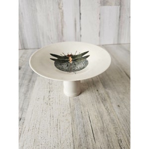 Puede incluir: Plato de pedestal de cerámica blanca con un diseño de libélula. La libélula es verde y marrón con un cuerpo estampado en blanco y negro.