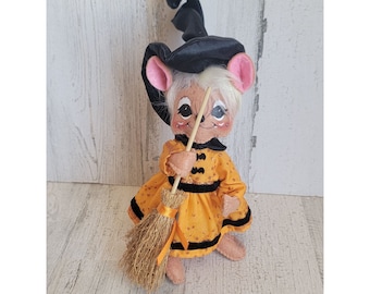 Annalee Mouse bruja escoba vestido naranja murciélago