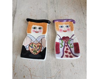 Susan Paley heart Valentine ceramic spoon rest set vintage kitchen unique