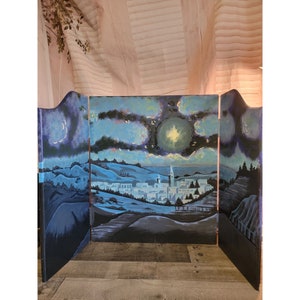 Handpainted Village accessory background drop nighttime River town star xmas