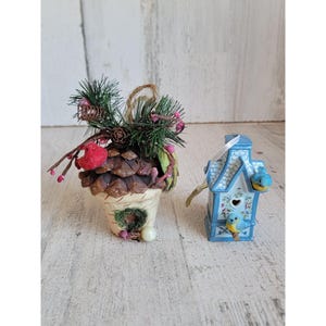 Red cardinal Birdhouse pinecone blue jay set ornament Xmas