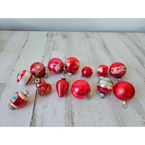 Vintage red ball Mercury shiny bright ornament set bell flocked indent striped Xmas tree lot