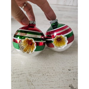 Vintage radko shiny Brite indent green red striped glitter ball ornament set Xmas tree