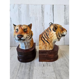 Vintage Andrea lion bookends bisque realistic heads bust cat African decor unique very lifelike