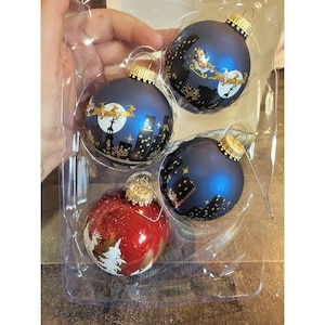 Krebs exclusive designer Santa Sleigh Ride City reindeer blown glass ball ornament Xmas decor set