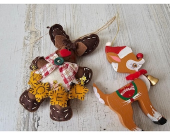 Wooden vintage Rudolph reindeer deer ornament set plush Noel Xmas tree both ornaments