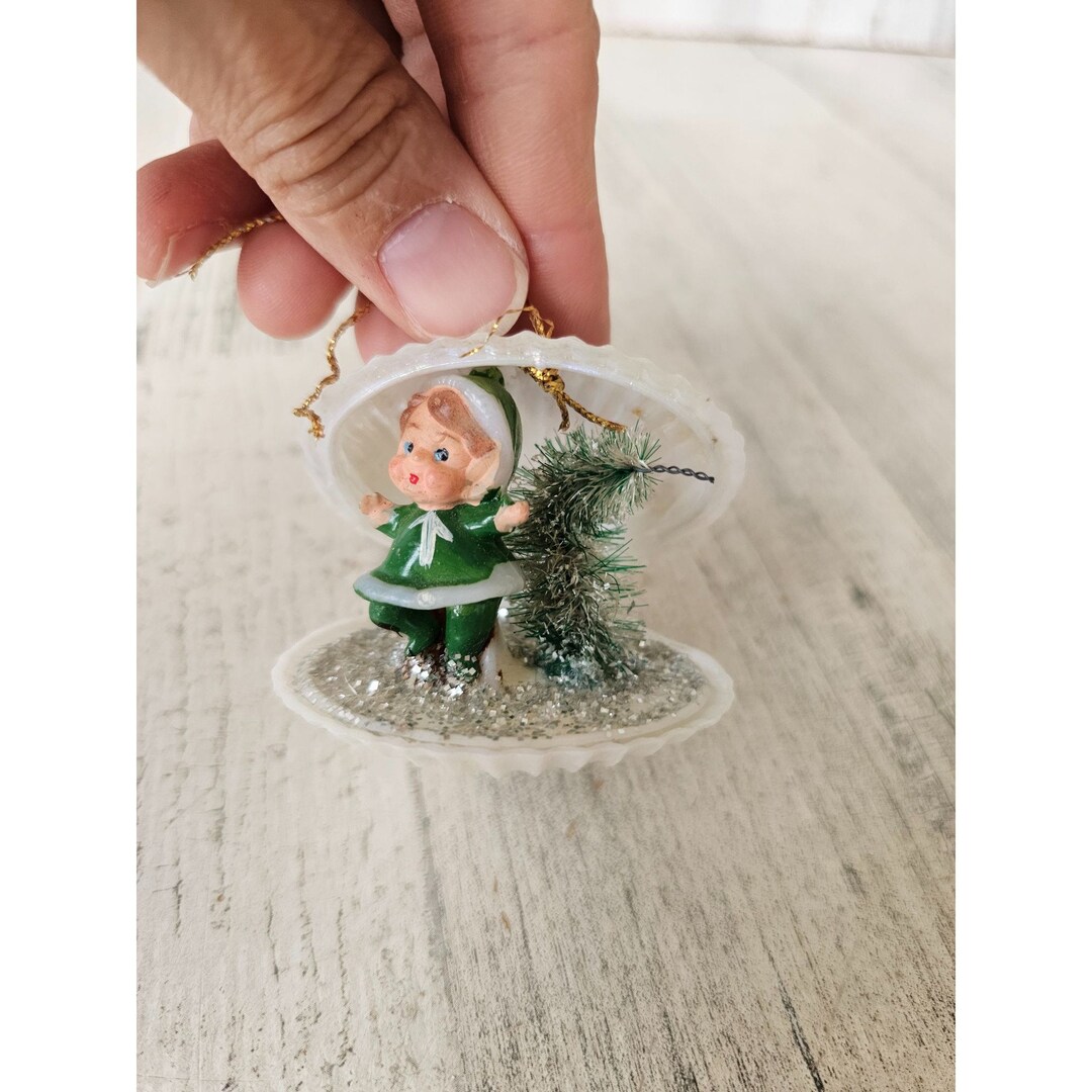 Antique Elf Clam Shell Ornament Diorama Pixie Tree Sparkle Xmas Vintage ...