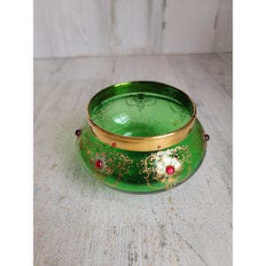 vintage Bohemian glass green trinket cup dish Ruby red bedazzled unique