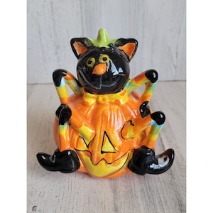 Halloween ceramic cat pumpkin silly sit costume figure