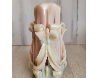 Vintage pillar candle ribbon wax design pink blush unique home figure