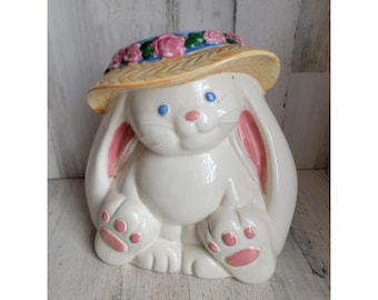 Vintage large ceramic Easter bunny cookie jar kitchen home decor spring