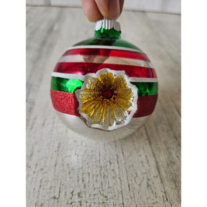 Vintage radko shiny Brite indent red glitter green ball ornament reflector silver Xmas tree