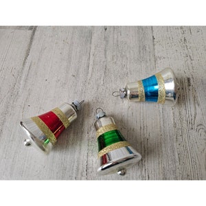 Vintage glitter mercury glass bell ornament gold striped green red blue set Xmas tree