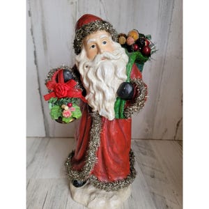 Vintage santa claus tinsel robe basket xmas decor Woodland sack toy