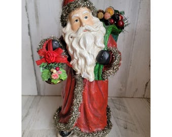 Vintage santa claus tinsel robe basket xmas decor Woodland sack toy