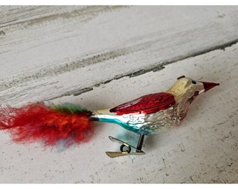 Vintage bird clip Western Germany as is glass mercury ornament feather Xmas tree