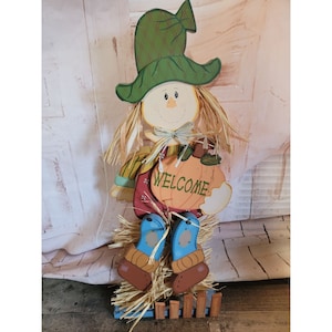 Wooden scarecrow welcome pumpkin Thanksgiving fall Decor figure