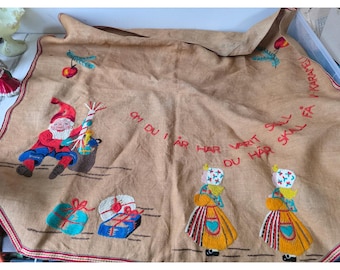 Vintage Dutch burlap embroidered tablecloth Xmas elf pixie decor tree skirt