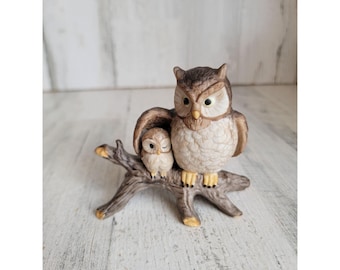 Vintage Eulen Mutter Baby Holz Keramik Vogel Figur Unikat Deko