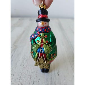 Glass snowman Joy ornament green glitter rhinestone Xmas tree