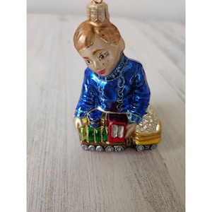vintage Poland boy train glass ornament Xmas tree glitter