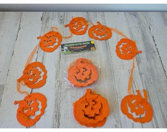 Glitter orange pumpkin Garland Halloween sparkle jack-o'-lantern set