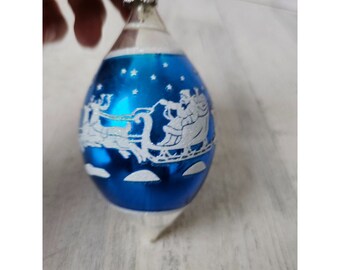 Vintage Radko glänzend Brite Santa Schlitten blau Teardrop Ornament Weihnachtsbaum