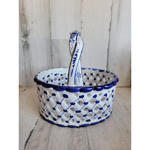 Portugal blue basket cobat white handled porcelain vintage home decor