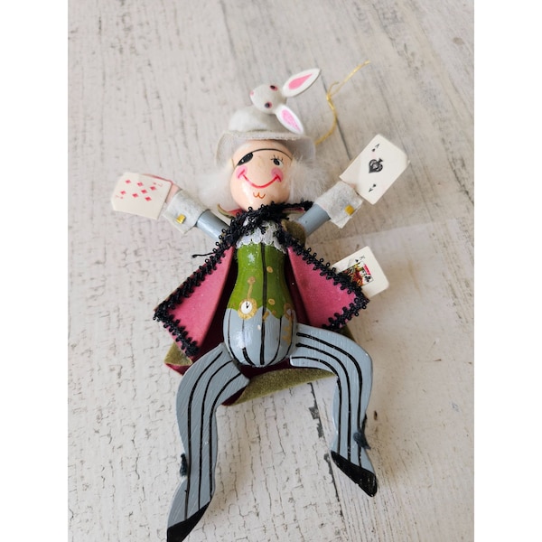 Vintage wooden Kurt Adler mad hatter Alice wonderland rabbit cards ornament magican Xmas tree