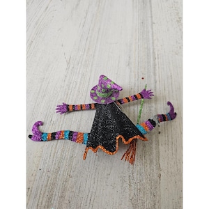 Pier 1 glitter witch metal Halloween ornament striped rare Xmas hat tree