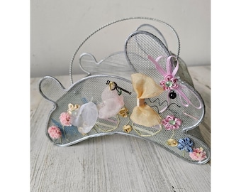 vintage metal Easter bunny rabbit basket spring decor flowers unique shabby chic actual