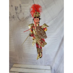Vintage Sicilian marionette rod knight soldier puppet ornament jointed feather Xmas holiday tree