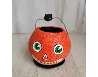 Dept 56 34051 vintage mini paper mache pumpkin basket glitter Halloween