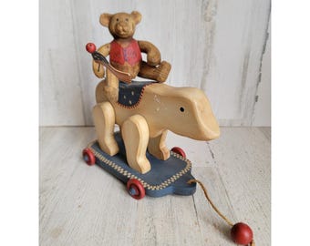 Wooden pull Teddy USA American flag bear vintage mini July 4th home decor