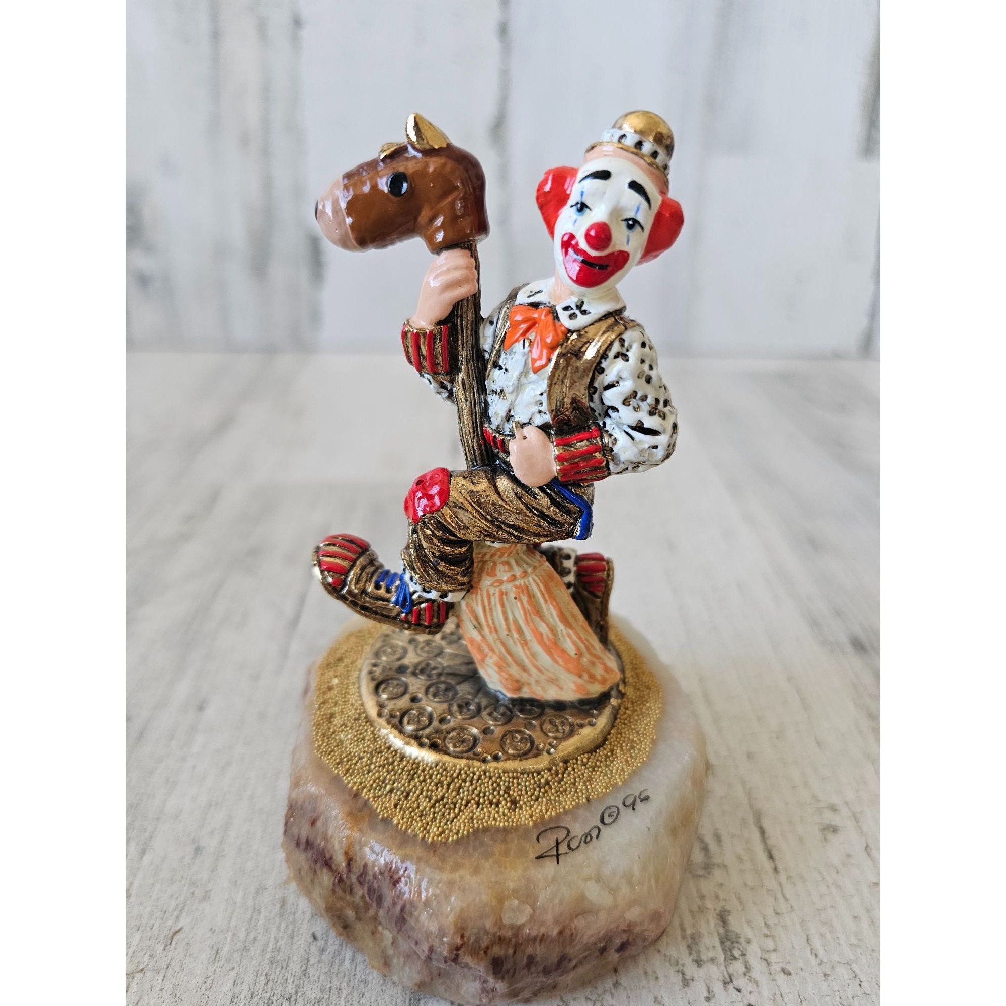 Ron Lee Clown Horse Broom Circus Cowboy 1996 Vintage Statue Gold