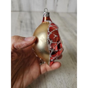 Vintage indent red glitter teardrop glass flower reflector ornament Xmas tree