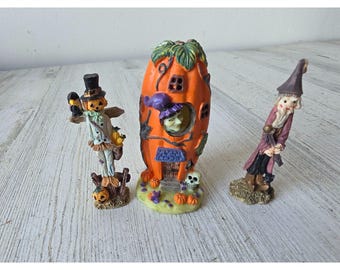 Vintage mini pumpkin house skinny scarecrow wizard witch village cute unique skinny