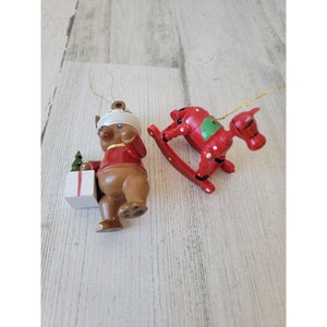 Vintage wooden teddy bear rocking horse present ornament Xmas set