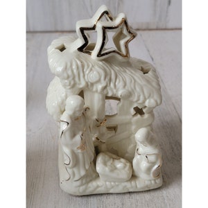 Ceramic nativity scene tea light candle holder Xmas figure
