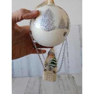 David strand hot air balloon rise Winter landscape signed ornament Santa tree vintage glitter rare