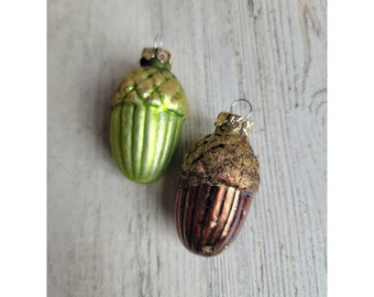 Mini glitter Acorn green brown fall set ornament Xmas