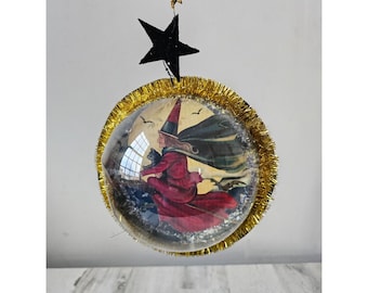 Decorazione decorativa unica con glitter e strega appesa a forma di orpello di Halloween vintage