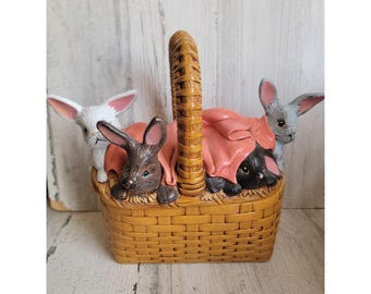 Cesta vintage de cerámica con forma de conejito de Pascua, decoración única para el hogar en primavera.