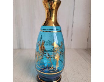 Vintage bohemian blue glass decanter Victorian couple vase golden rim home decor