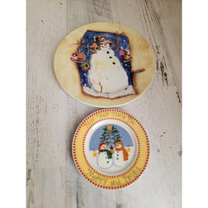Snowman plate set bird house merry bright xmas home decor
